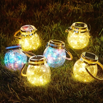 Crackle LED ánh sáng mặt trời Patio kính treo đèn mong muốn Giáng sinh Mason Jar đèn